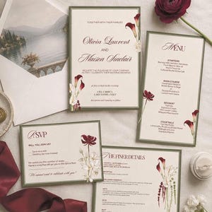 Olive Burgundy Old Money Wedding Invitation Suite Template Whimsical Botanical Bride Luxury Elegant Template  - Castello Rosieri