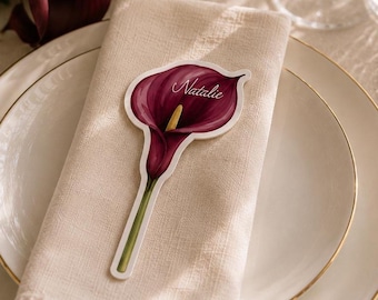 Burgundy Calla Lily Wedding Place Card Template: Watercolor Wedding Name Tag (Digital Download)