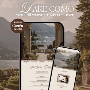 May include: A digital wedding website template titled Lake Como featuring a scenic lake view, elegant serif typography, and RSVP details. The design includes sections for event information, ceremony details, and a gift note, all editable in Canva.