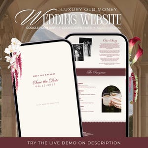 May include: Two smartphone screens displaying a wedding website template with a cream and dark red color scheme. The screens show text including "Meet the Watsons," "Save the Date," "Our Story," and "The Program," alongside floral accents.