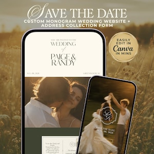 May include: A digital Save the Date wedding website template displayed on two smartphone screens. The design features a cream background, serif typography, and a monogram logo. Text includes "SAVE THE DATE," "WEDDING OF PAIGE & RANDY," and "EASILY EDIT IN CANVA IN MINS."
