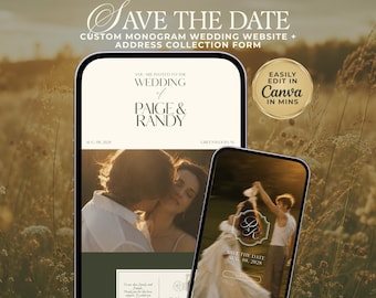 May include: A digital wedding invitation template displayed on two smartphone screens. The screens show text reading SAVE THE DATE, WEDDING OF PAIGE & RANDY, AUG 08, 2028, GREENWOOD, SC, and EASILY EDIT IN CANVA IN MINS, featuring photos of a couple.