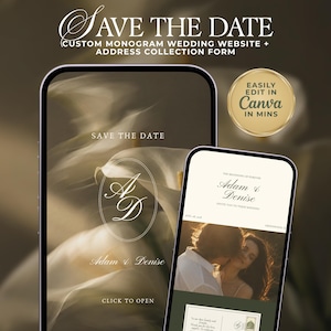 Puede incluir: Dos teléfonos inteligentes que muestran un sitio web de bodas con monograma personalizado y un formulario de recolección de direcciones. Las pantallas incluyen el texto SAVE THE DATE, Adam & Denise y una insignia dorada.