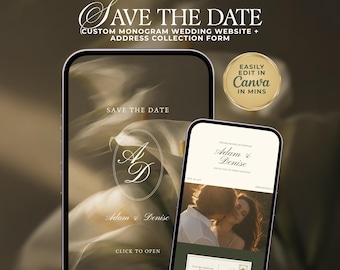 Könnte beinhalten: Zwei Smartphones zeigen eine individuelle Hochzeitswebsite mit Monogramm und ein Adresssammelformular. Die Bildschirme zeigen den Text SAVE THE DATE, Adam & Denise sowie ein goldenes Abzeichen mit EASILY EDIT IN CANVA IN MINS.