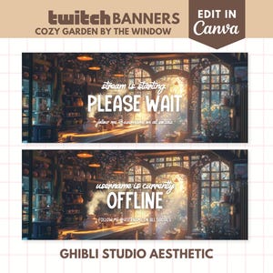 Studio Ghibli Twitch Banner Template Garden Greenhouse Plant Flowers Editable Customizable Twitch Stream Header Vtuber Banner for Canva