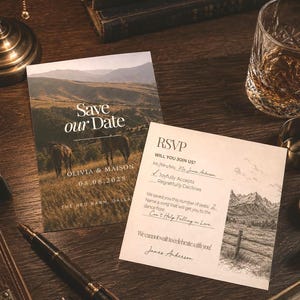 以下が含まれることがあります： 馬のいる風景と「Save our Date, Olivia & Maison, 08.08.2028, The Red Barn, Dallas」の文字が印刷されたセーブ・ザ・デートカードと、山のスケッチ、記入欄、Mr. James Andersonによる手書きの詳細が記載された返信ハガキ。