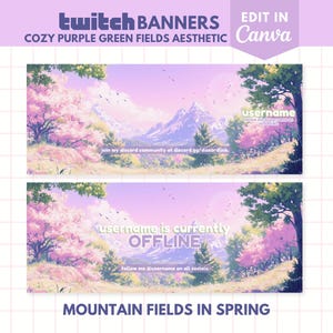 May include: Twitch banner template with a mountain landscape in spring. The design features a soft color palette of purple, green, and pink, with cherry blossom trees and a mountain range. Text includes "Twitch Banners" and "Edit in Canva".