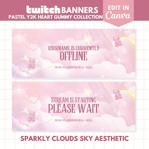 Puede incluir: Plantillas de banner de Twitch rosas pastel con una estética Y2K. El diseño presenta ilustraciones de ositos de goma, formas de corazón y texto que dice "USERNAME IS CURRENTLY OFFLINE" y "STREAM IS STARTING PLEASE WAIT".