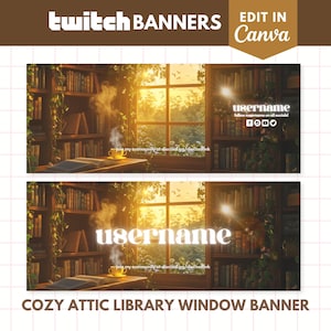 Könnte beinhalten: Ein Twitch-Banner mit einer gemütlichen Dachbodenbibliothek mit einem Fenster, das auf einen Sonnenuntergang blickt. Das Banner zeigt ein Buch, eine Tasse Kaffee und den Text "username" in weißer Umrandung. Der Text "join my community at discord.gg/discordlink" ist ebenfalls enthalten.