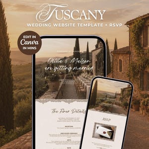 Puede incluir: Una plantilla de sitio web de bodas digital titulada Tuscany que presenta una interfaz móvil con un fondo de paisaje al atardecer, tipografía blanca elegante y secciones para detalles del evento, RSVP e información de la ceremonia, editable en Canva.
