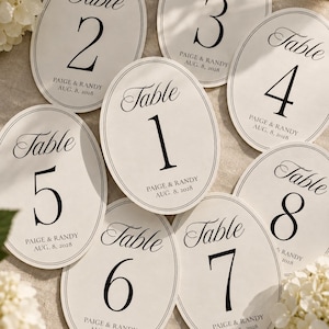 Puede incluir: Una colección de tarjetas de número de mesa ovaladas de color blanco roto con texto en negro. Cada tarjeta muestra la palabra Table, un número grande y los nombres Paige & Randy con la fecha 8 de agosto de 2028. Tienen un borde de doble línea.