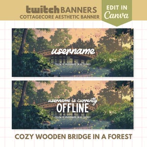Puede incluir: Un banner de Twitch que presenta un acogedor puente de madera en un bosque con un cielo de puesta de sol. El texto "username" se muestra en el puente, junto con el texto "FOLLOW ME @USERNAME ON ALL SOCIALS". El banner también incluye el texto "username is currently OFFLINE".