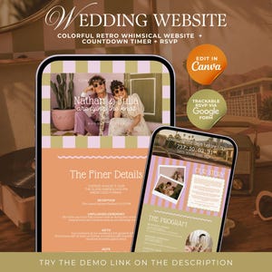 ユニークな結婚式ウェブサイトテンプレート レトロな結婚式招待状 デジタルRSVP セーブザデート招待状 カラフルな結婚式サイト カウントダウンタイマー ドルチェヴィータ