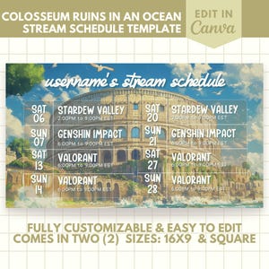 Stream Schedule Vtuber Template Editable Customizable Twitch Banner for Canva Colosseum Ruins by the Ocean Aesthetic Ghibli Studio Banner