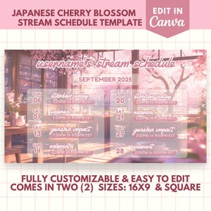 Peut inclure: Un modèle numérique de planning de diffusion en direct sur le thème des cerisiers japonais en fleurs. Le modèle est personnalisable et disponible en deux tailles : 16x9 et carré. Le modèle présente une palette de couleurs rose et blanche avec un motif floral. Le texte sur le modèle comprend les mots « username's stream schedule », « septembre 2025 », « stardew valley », « valorant » et « genshin impact ».