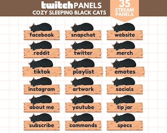 Cozy Black Cat Twitch Panels: Stream Pack, 35 Variations (Digital Download)