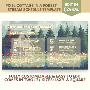 Stream Schedule Vtuber Template Editable Customizable Twitch Banner for Canva Cottagecore Cozy Ghibli Studio Inspired Green Blue Brown Beige