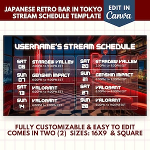 Stream Schedule Vtuber Template Editable Customizable Twitch Banner for Canva Japanese Retro Bar Dark Aesthetic Red Blue Maroon Banner