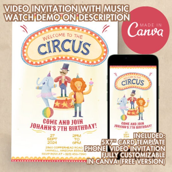 Editable Circus Birthday Party Video Invitation with Music, Circus Invitation Template Circus Mobile Invitation Mermaid Invitation Carnival