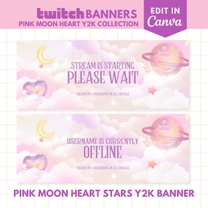 May include: Pink and purple Twitch banner template featuring a heart, moon, and stars on a cloudy background. The text reads "Stream is starting, please wait" and "Username is currently offline".