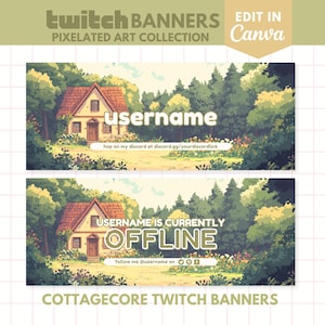 Cottagecore Twitch Banner: Cozy Pixelated Cottage, Editable in Canva