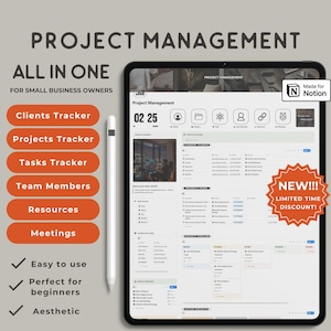May include: A digital project management interface displayed on a tablet, with a white stylus. The interface includes sections for clients, projects, tasks, team members, resources, and meetings. The text reads "Project Management" and "All in One". A "New!!! Limited Time Discount!" sticker is also present.