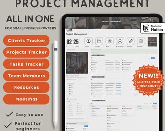 Notion-projektplanerare, CRM och uppgiftsspårare, affärsmall för småföretag, instrumentpanel för klientprojektledning, produktivitetsverktyg