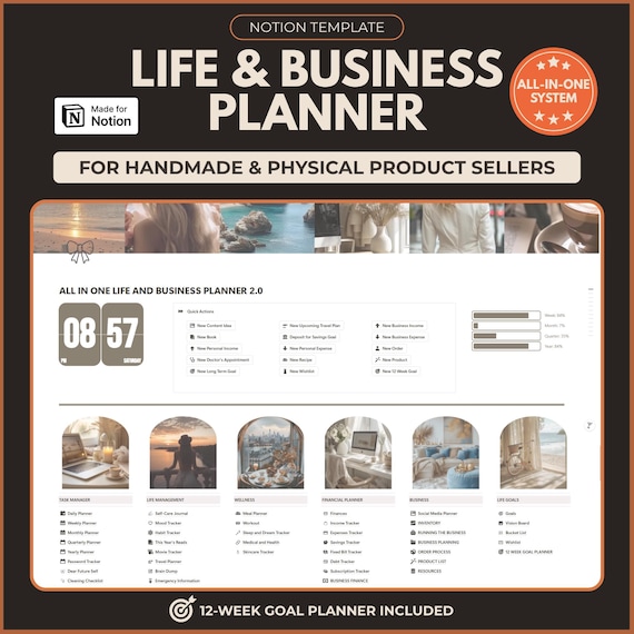 Notion Template Life Planner and Small Business Planner Notion Productivity All in One Notion Finance Aesthetic Notion Dashboard 12 Week