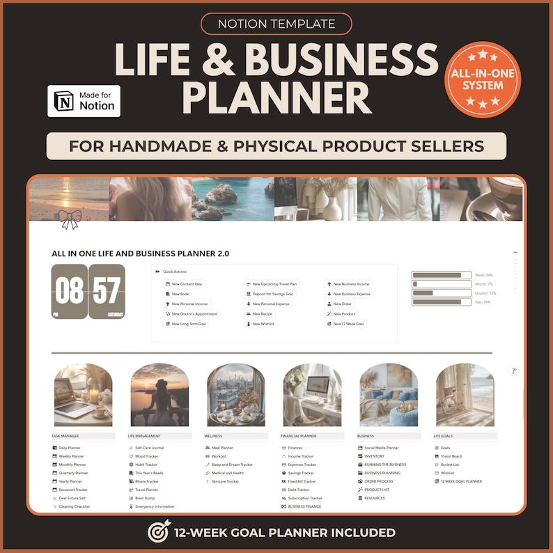May include: A digital Notion template titled Life & Business Planner for handmade and physical product sellers. The interface features a dashboard with quick actions, a clock, progress bars, and six arched image sections for task management, life, wellness, finance, business, and goals.