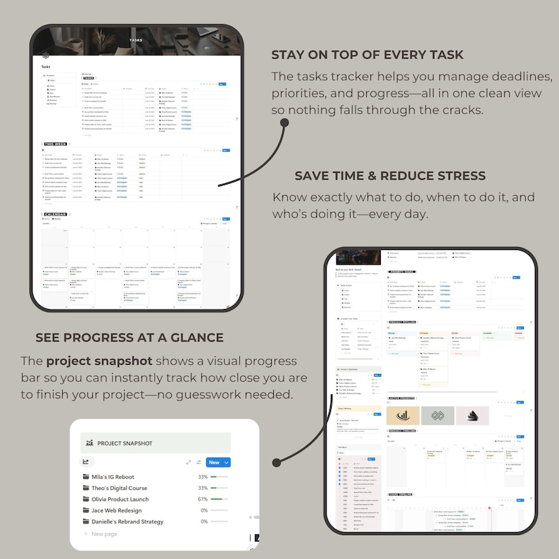 Notion Template Showing Organized Project and Client Lists