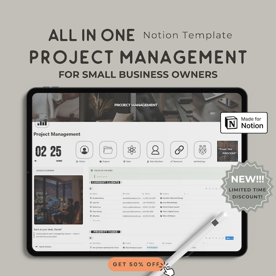Notion Project & Client Management Template, Task Tracker Dashboard, Small Business Planner, Organize Projects, Workflows, Productivity Tool