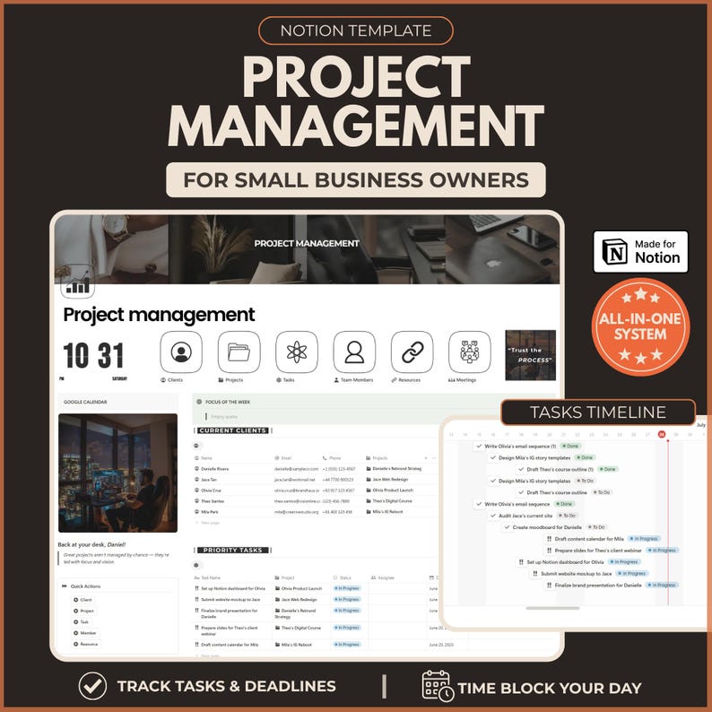 May include: A digital Notion template for project management designed for small business owners. The interface displays a dashboard with client lists, priority tasks, and a tasks timeline. It includes an all-in-one system badge, a clock widget, and sections for tracking tasks, deadlines, and daily time blocking.