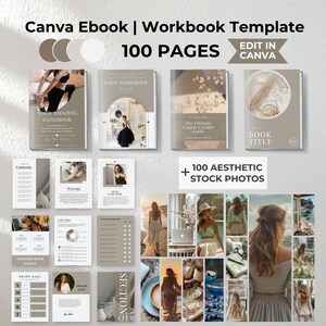 Pode incluir: Uma maquete de produto digital que apresenta um modelo de e-book e caderno de exercícios Canva com 100 páginas. O modelo é projetado em uma estética minimalista com um esquema de cores bege e marrom. O texto "EDIT IN CANVA" é exibido no canto superior direito. A imagem também inclui uma colagem de 100 fotos de estoque estéticas.