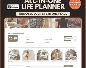 Peut inclure: Un modèle numérique Notion intitulé All-In-One Life Planner avec un fond marron foncé, un tableau de bord avec des liens d'action rapide, des barres de progression et cinq cadres d'images arqués affichant des scènes de vie pour la gestion.