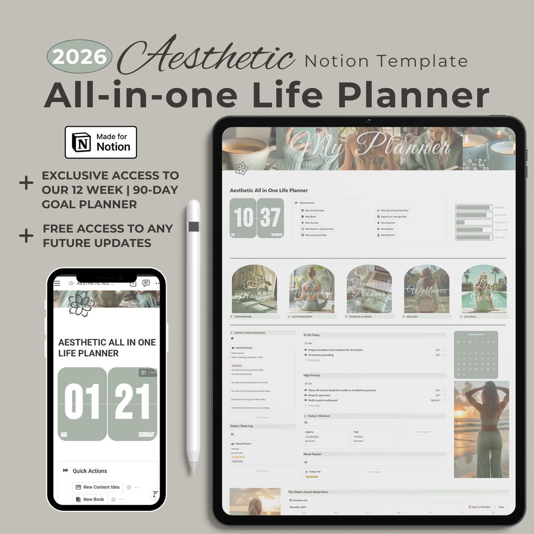 Notion Template All in One Life Planner - Minimalist & Aesthetic Notion ...