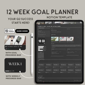 Op de afbeelding: Een Notion-sjabloon in donkere modus voor een 12-weekse doelplanner. Het sjabloon bevat een voortgangsbalk voor elke week en een 90-daagse doelplanner. De tekst "ULTIMATE 12 WEEK 90-DAY GOAL SETTING PLANNER" staat bovenaan het sjabloon.