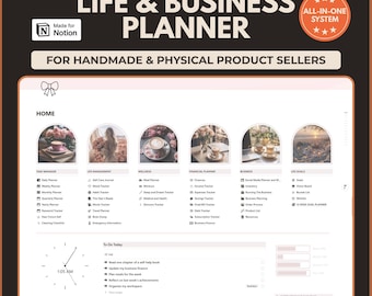 May include: A digital Notion template titled Life & Business Planner for handmade and physical product sellers. The interface features a home dashboard with sections for task management, life, wellness, finance, business, and goals, plus a clock.