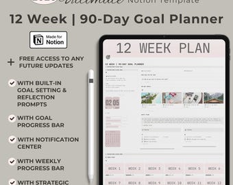 Plantilla de Notion para planificar objetivos de 12 semanas, seguimiento de objetivos de productividad, establecimiento de objetivos trimestrales, gestión de proyectos, planificador digital, tablero de visión.