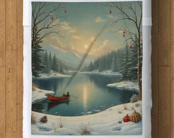Manta polar con diseño de canoa en un lago invernal, decoración para cabaña, regalo de Navidad
