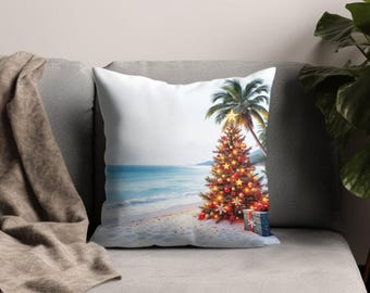 Tropical Christmas Tree Beach Pillowcase, Coastal Holiday Decor