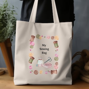 Sewing Kit Tote Bag, Craft Supplies Bag, My Sewing Bag Tote, Sewing Themed Tote Bag, Spool and Button Design Tote, Fun Sewing Tote