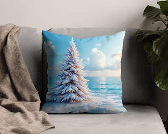 Coastal Christmas Tree Pillow Cover, Snowy Beach Holiday Decor