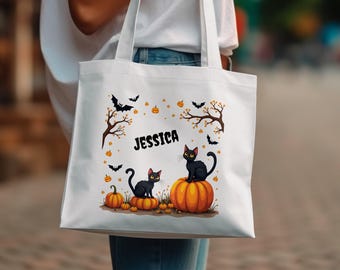 Personalized Halloween Tote Bag, Black Cats & Pumpkins