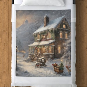 Julaftonsfilt i fleece, snöig husdekoration