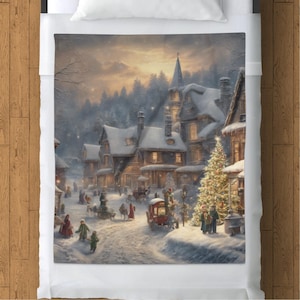Cozy Christmas Village Scene Blanket, Holiday Winter Wonderland Throw, Festive Christmas Tree Decor, Snowy Scene Blanket