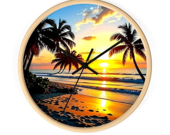 Beach Sunset Wall Clock: Tropical Island Decor (10"x10")