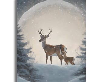 Deer and Fawn Canvas Art Print, Winter Forest Scene