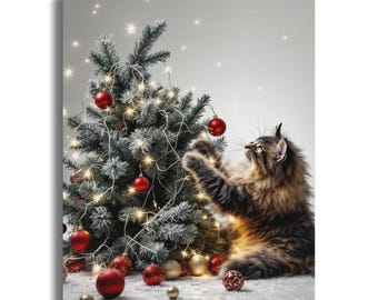 Festive Cat with Christmas Tree Canvas Print, Holiday Home Decor, Cute Kitty Christmas Art, Cat Lover Christmas Gift, Cozy Winter Decor
