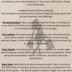 Könnte beinhalten: Eine textbasierte Infografik über Disney Springs, ein Themen-Einkaufs-, Speise- und Unterhaltungszentrum in Florida. Die Infografik hebt die vier verschiedenen Viertel von Disney Springs hervor: The Marketplace, The Landing, Town Center und West Side. Jedes Viertel wird mit seinen einzigartigen Merkmalen und Angeboten beschrieben.