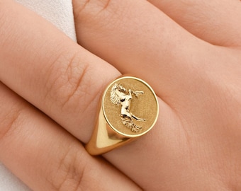 14K gouden zegelring paard: gegraveerde sieraden met wilde dieren